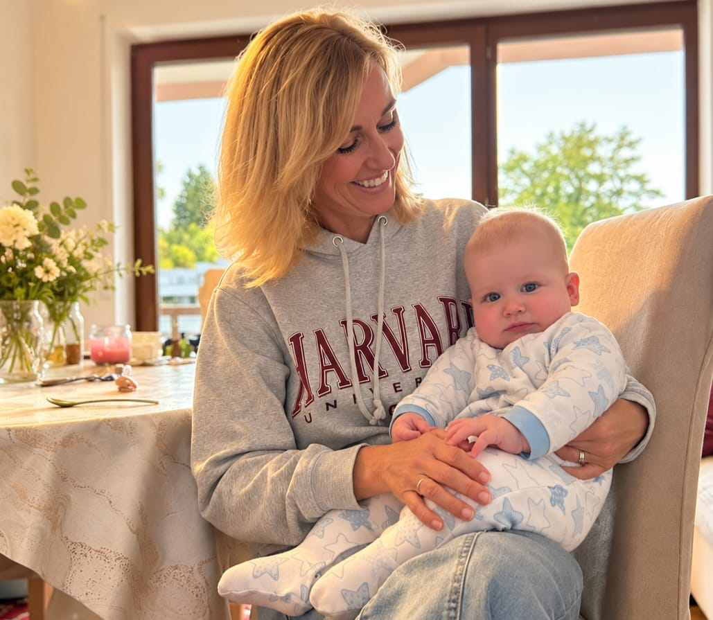 Melanie sitzt mit einem Baby auf dem Arm und lächelt es an